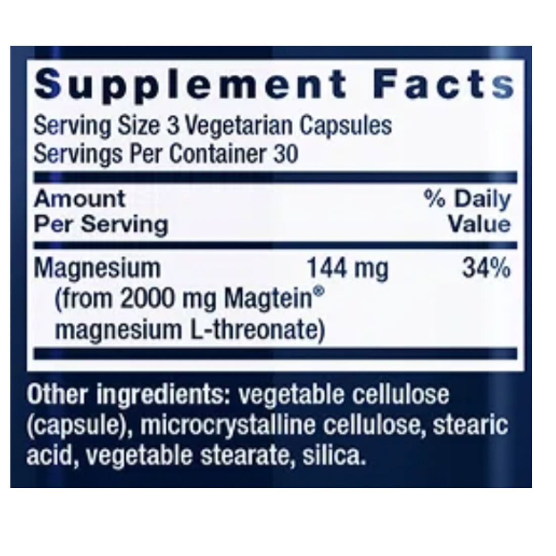 Supplement facts panel for Life Extension Neuro-Mag, 144 mg magnesium (38% NRV) from 2000 mg Magtein magnesium L-threonate per 3 capsules