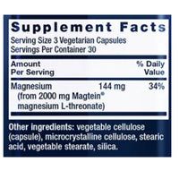 Supplement facts panel for Life Extension Neuro-Mag, 144 mg magnesium (38% NRV) from 2000 mg Magtein magnesium L-threonate per 3 capsules