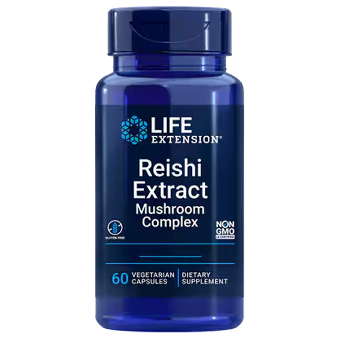 Life Extension Reishi Extract Mushroom Complex bottle, 60 vegetarian capsules. IE
