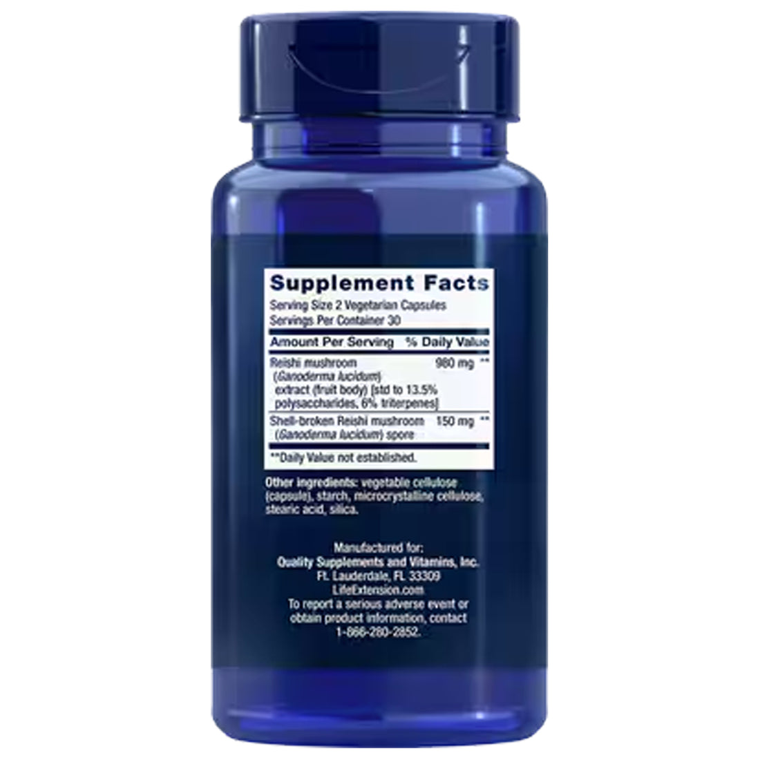 Supplement facts panel showing 980mg Ganoderma lucidum fruiting-body extract and 150mg shell-broken reishi spore per two-capsule serving