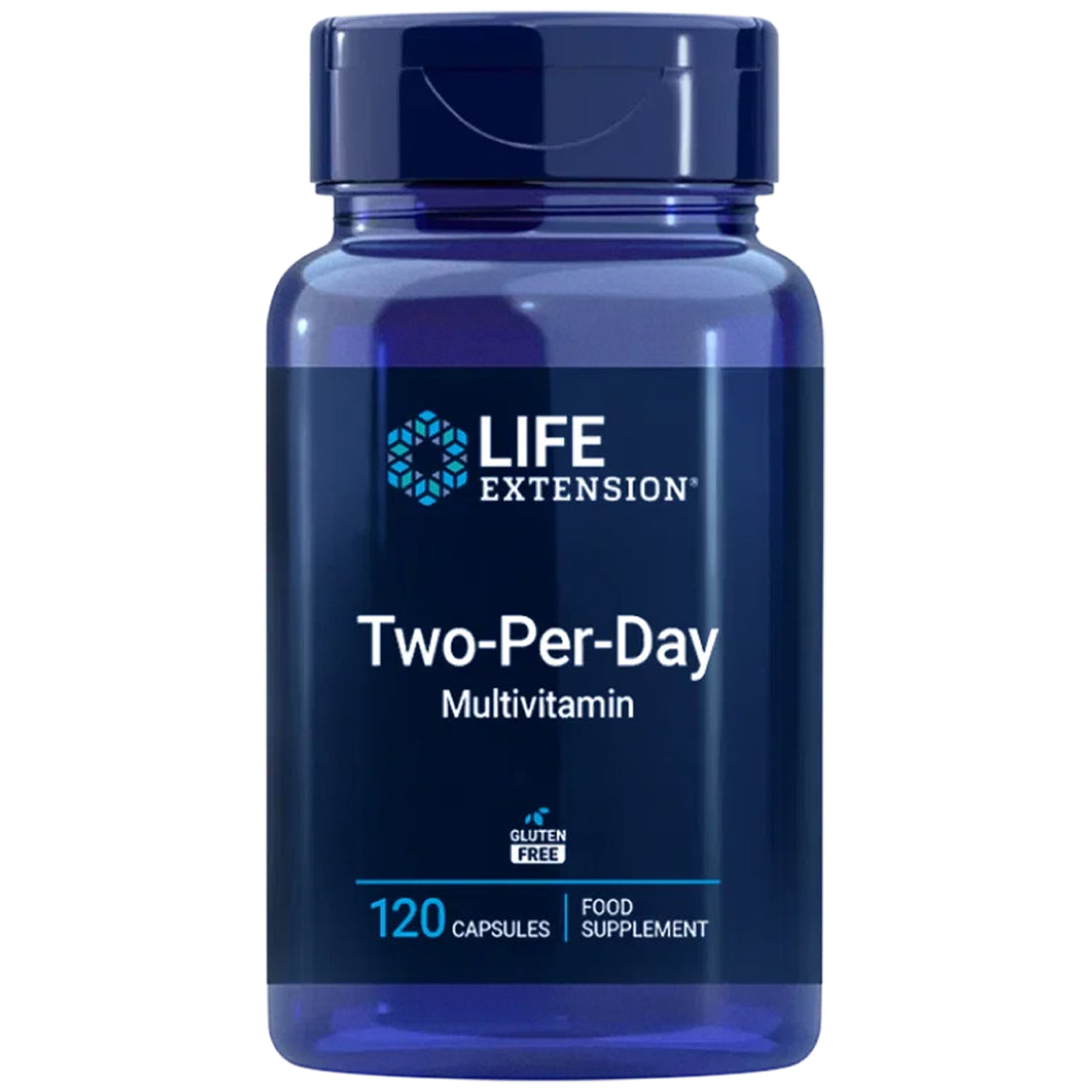 Life Extension Two-Per-Day Multivitamin bottle front, 120 capsules, EU formula