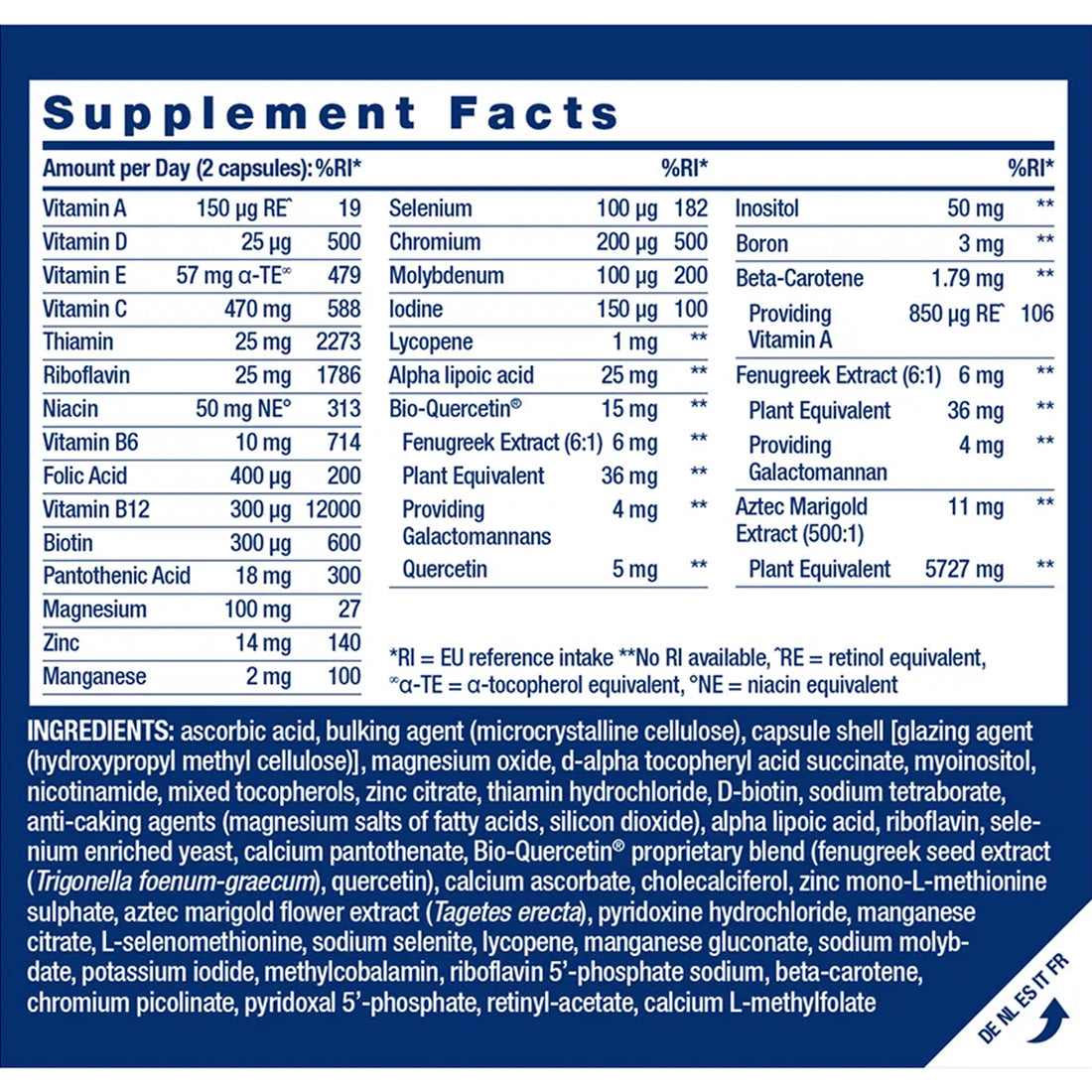 Supplement facts panel for Two-Per-Day Multivitamin, amounts per 2 capsules with EU reference intake percentages