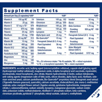 Supplement facts panel for Two-Per-Day Multivitamin, amounts per 2 capsules with EU reference intake percentages