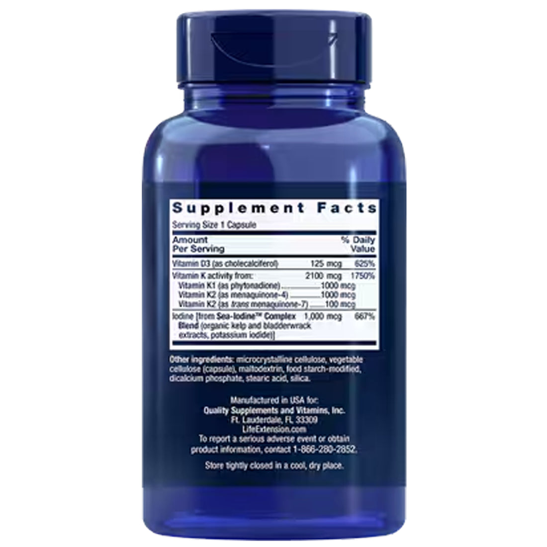 Supplement facts panel showing 125 µg vitamin D3, 2100 µg vitamin K and 1000 µg iodine per capsule