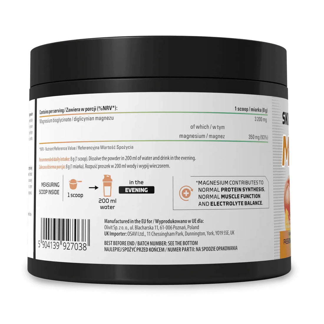 Magnesium bisglycinate powder 240g passion fruit peach Ireland Side