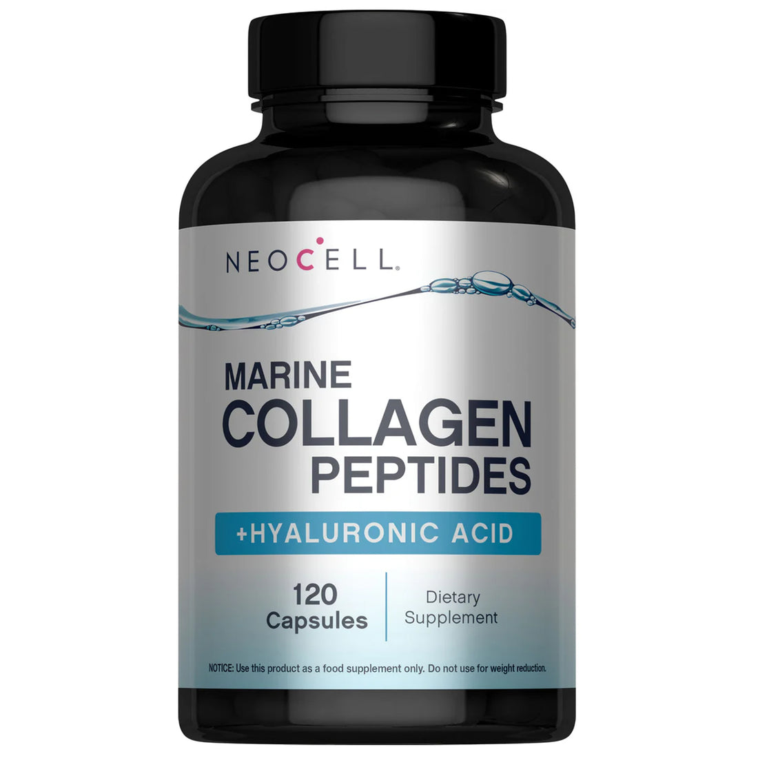 NeoCell Marine Collagen Peptides + Hyaluronic Acid bottle, 120 fish gelatin capsules, 2,000mg marine collagen and 20mg hyaluronic acid per 4-capsule serving