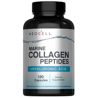 NeoCell Marine Collagen Peptides + Hyaluronic Acid bottle, 120 fish gelatin capsules, 2,000mg marine collagen and 20mg hyaluronic acid per 4-capsule serving