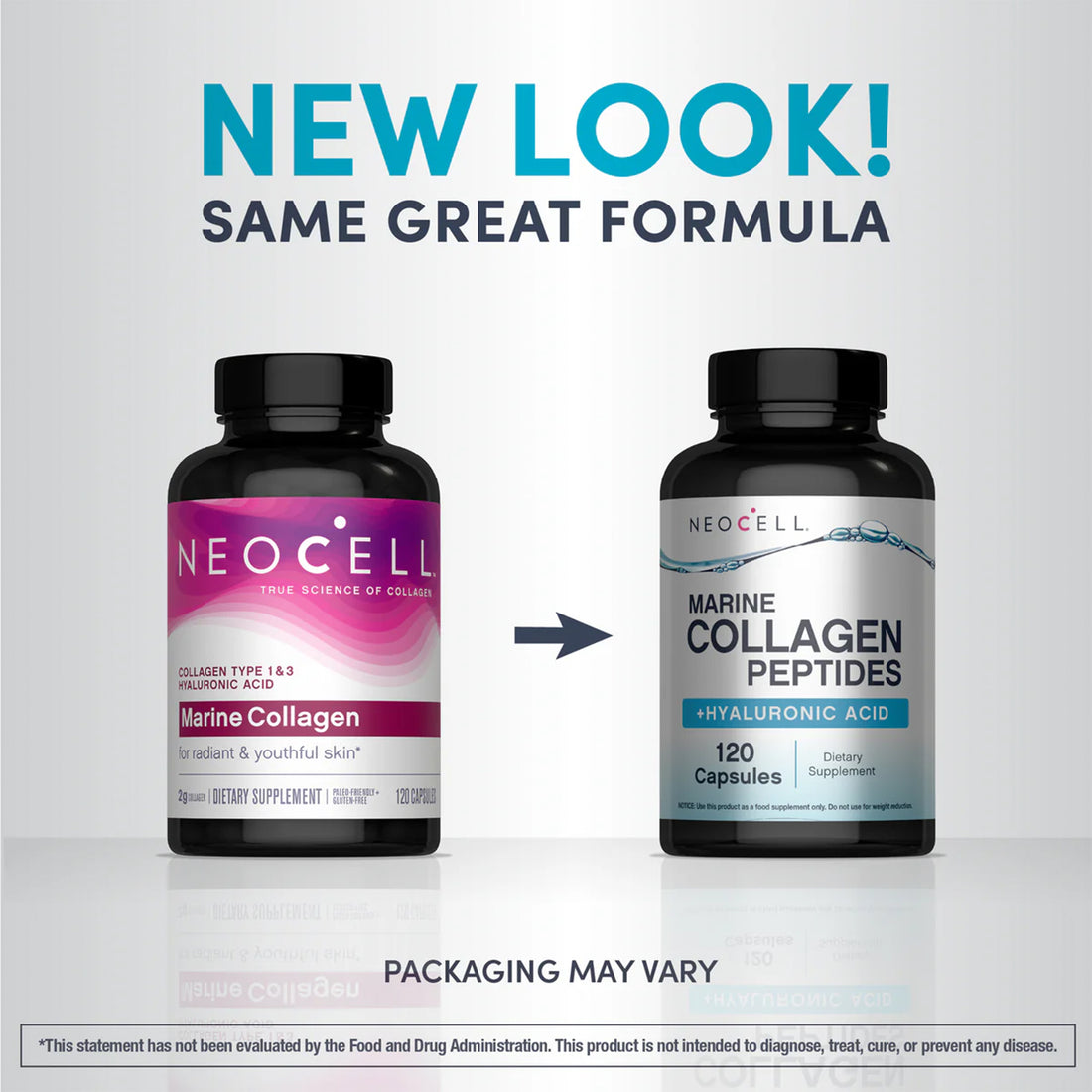Two Neocell marine collagen supplement bottles with text indicating a new look and same great formula.