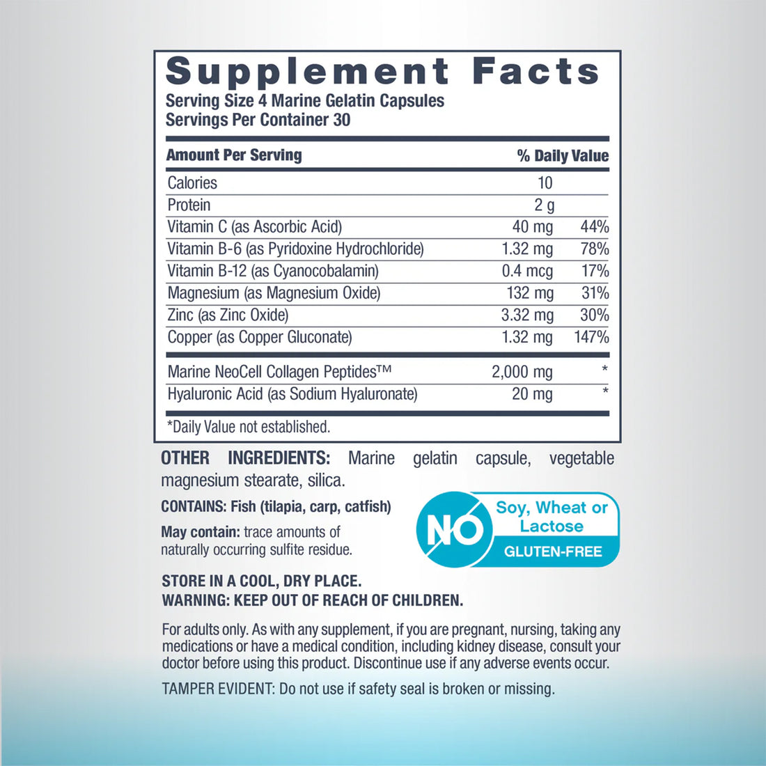 NeoCell Marine Collagen supplement facts panel, serving size 4 capsules: vitamin C 40mg, B6 1.32mg, B12 0.4mcg, magnesium 132mg, zinc 3.32mg, copper 1.32mg, marine collagen 2,000mg, hyaluronic acid 20mg