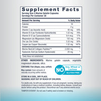 NeoCell Marine Collagen supplement facts panel, serving size 4 capsules: vitamin C 40mg, B6 1.32mg, B12 0.4mcg, magnesium 132mg, zinc 3.32mg, copper 1.32mg, marine collagen 2,000mg, hyaluronic acid 20mg