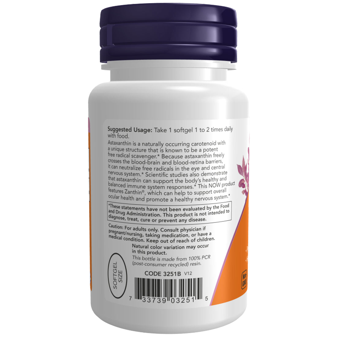 NOW Foods Astaxanthin 4mg supplement facts panel, 60 vegetarian softgels - Side Lable 