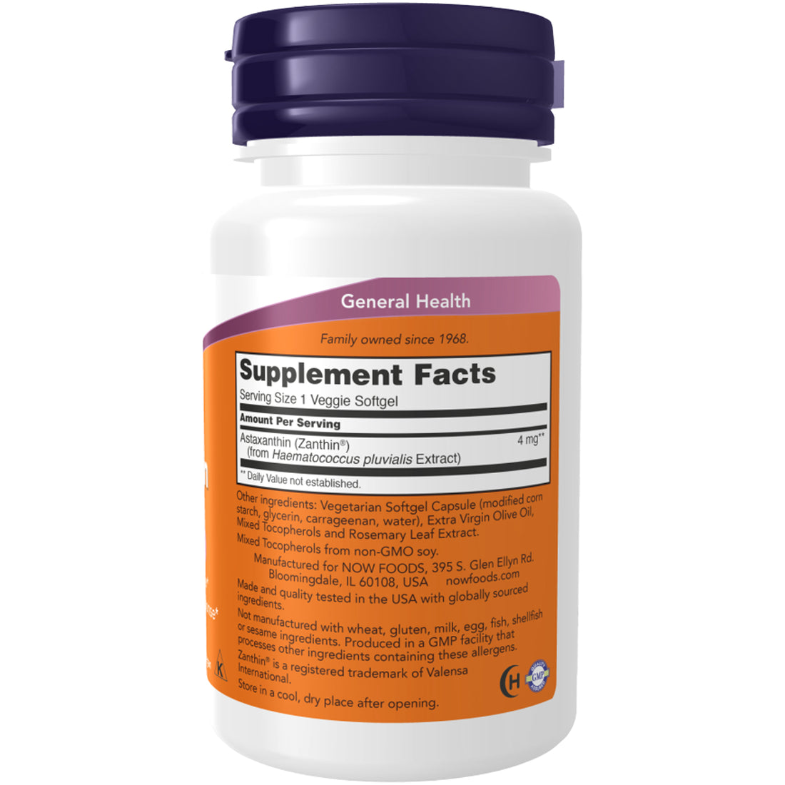 NOW Foods Astaxanthin 4mg supplement facts panel, 60 vegetarian softgels