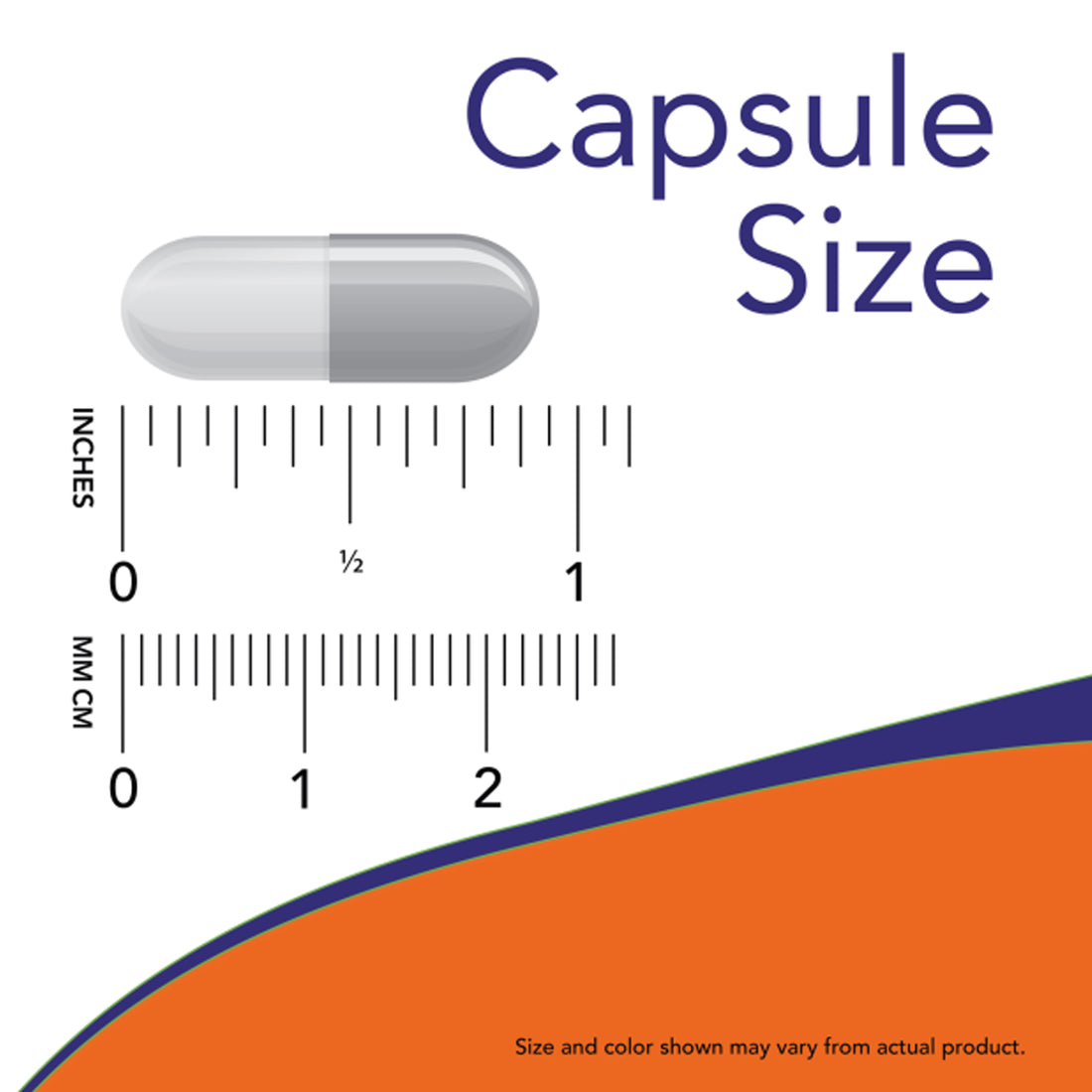 Capsule with measurement scale showing its size in both inches and millimeters.