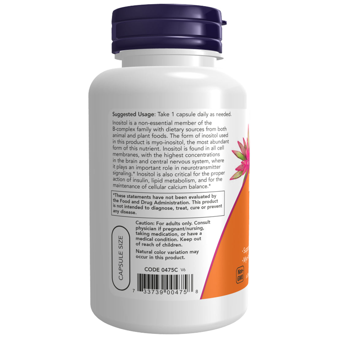 NOW Foods Inositol 500mg side label with suggested usage of one capsule daily and allergen statement