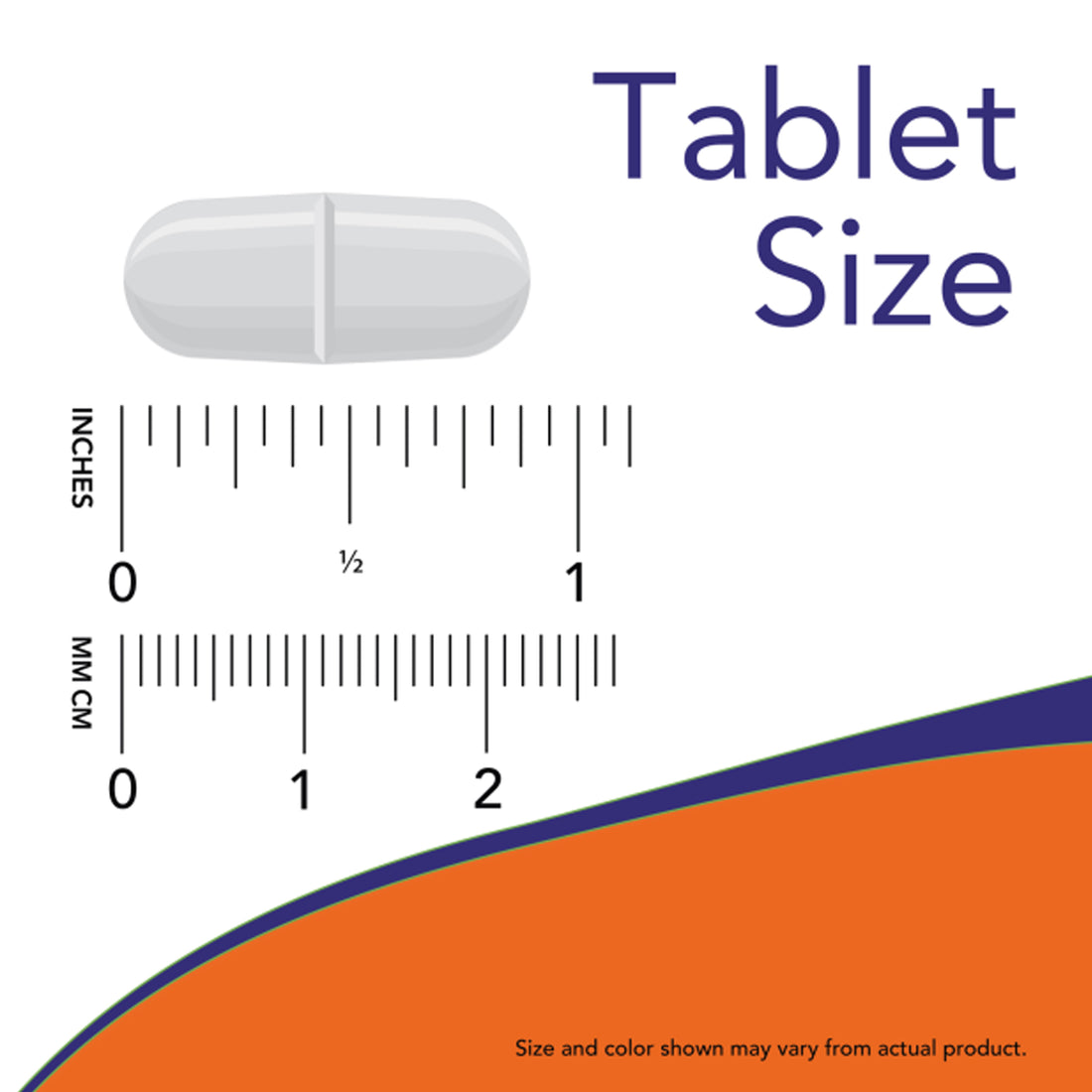 Measurement chart showing a tablet size with a ruler and an orange shape at the bottom for NOW Foods NAC 1000mg supplement