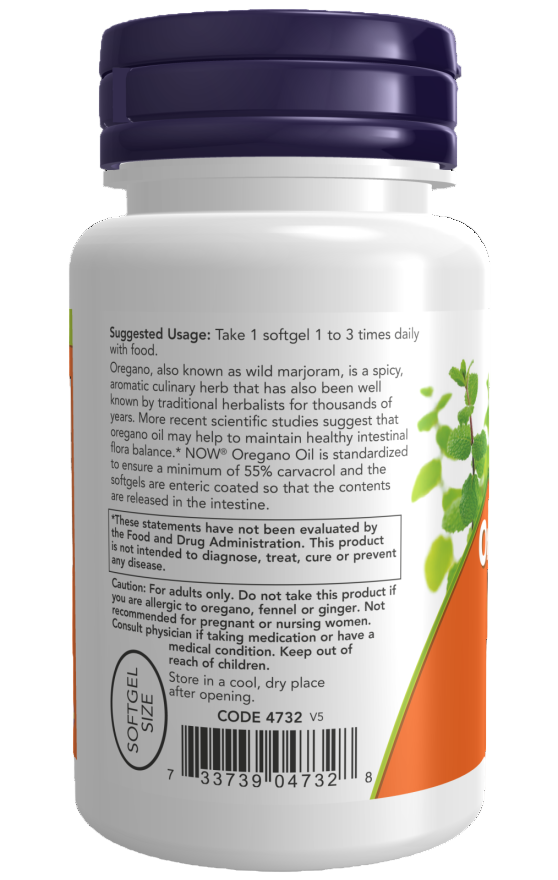 NOW Foods Oregano Oil 55% Carvacrol Softgels 90-count Ireland Side