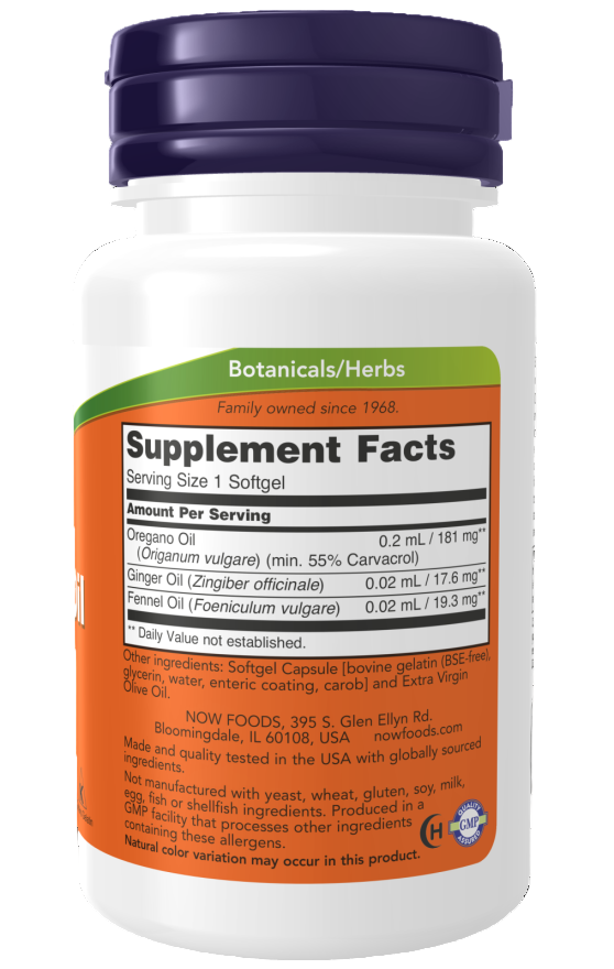 NOW Foods Oregano Oil 55% Carvacrol Softgels 90-count Ireland Left Side