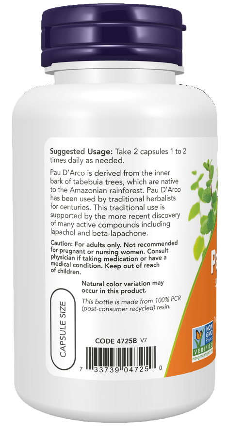 Now Foods Pau D’Arco 500 mg 100 Veg Capsules Ireland Left