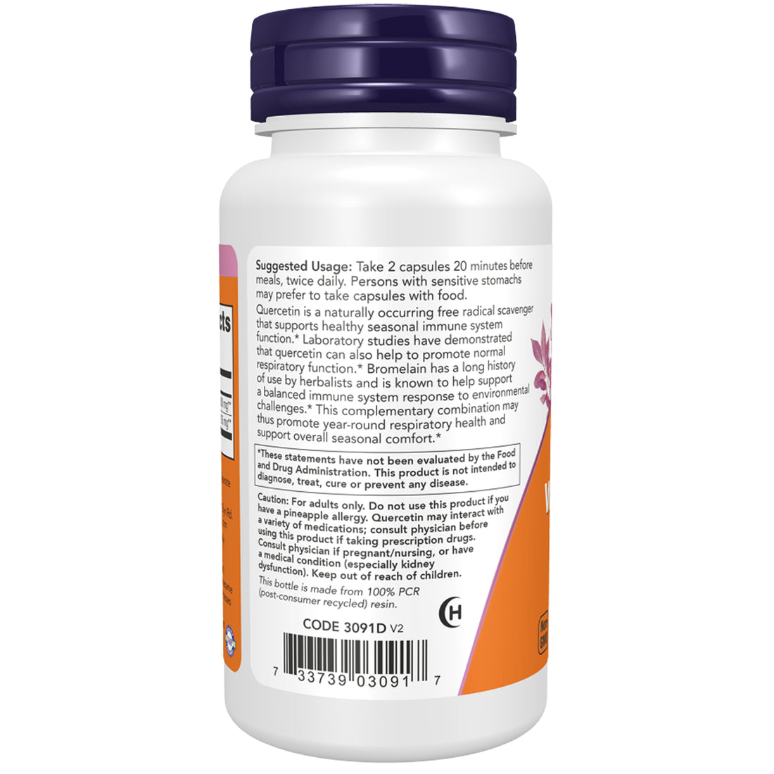 NOW Foods Quercetin with Bromelain back label, ingredients and directions, vegetarian HPMC capsule