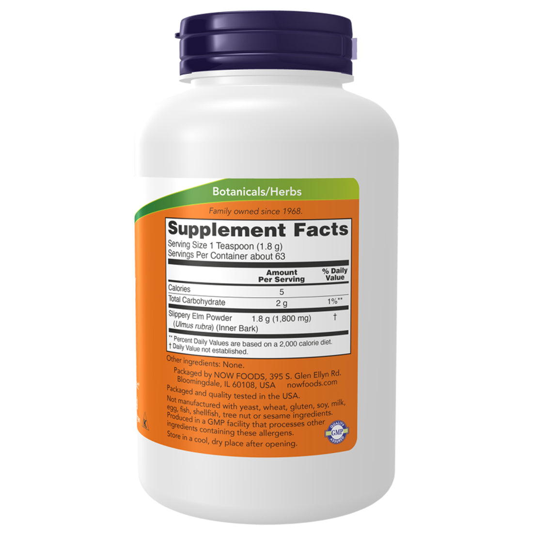 NOW Foods Slippery Elm Powder 113g food supplement with vegetarian formula available in Ireland Right Side