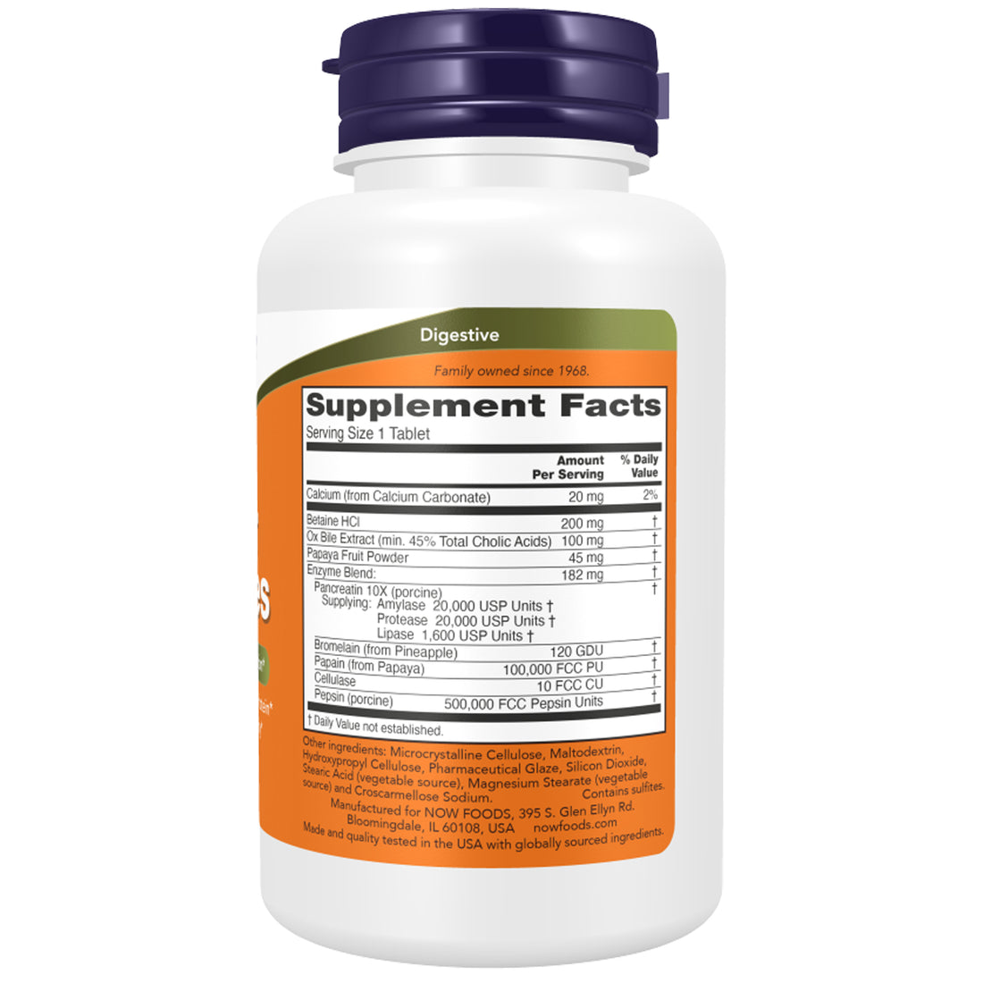 NOW Foods Super Enzymes tablets supplement facts panel showing amylase, protease, lipase, bromelain, papain, pepsin, betaine HCl and ox bile per tablet