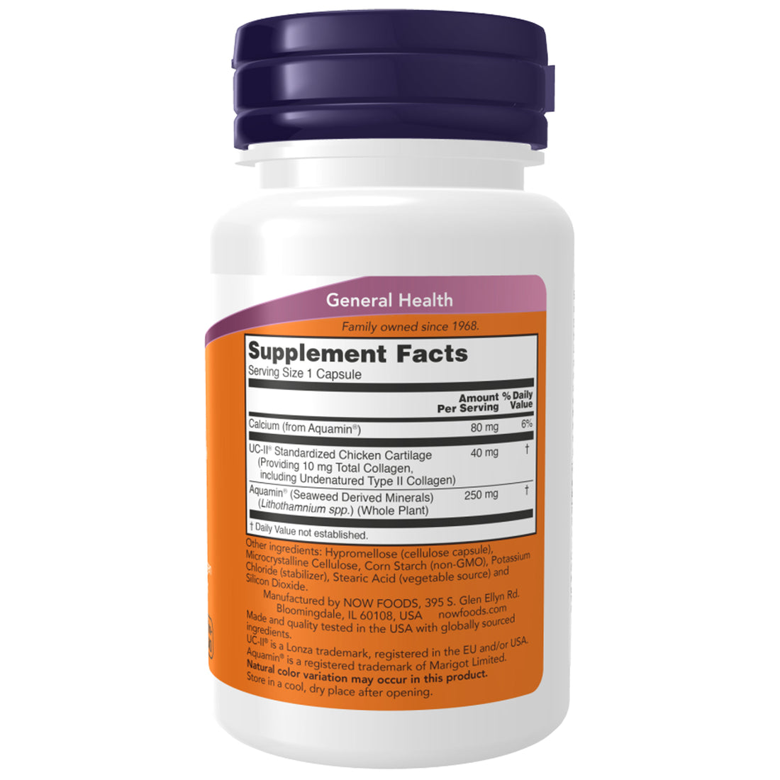 NOW Foods UC-II Type II Collagen supplement facts: 40mg UC-II chicken cartilage, 250mg Aquamin, 80mg calcium