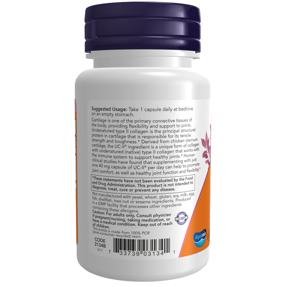 NOW Foods UC-II Type II Collagen bottle back label with directions and ingredients