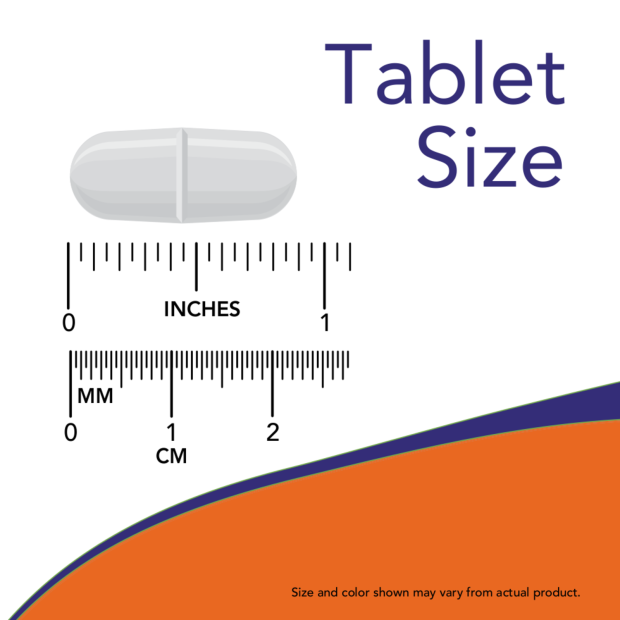 White pill with measurement scale showing its size in inches and millimeters, on a white background.