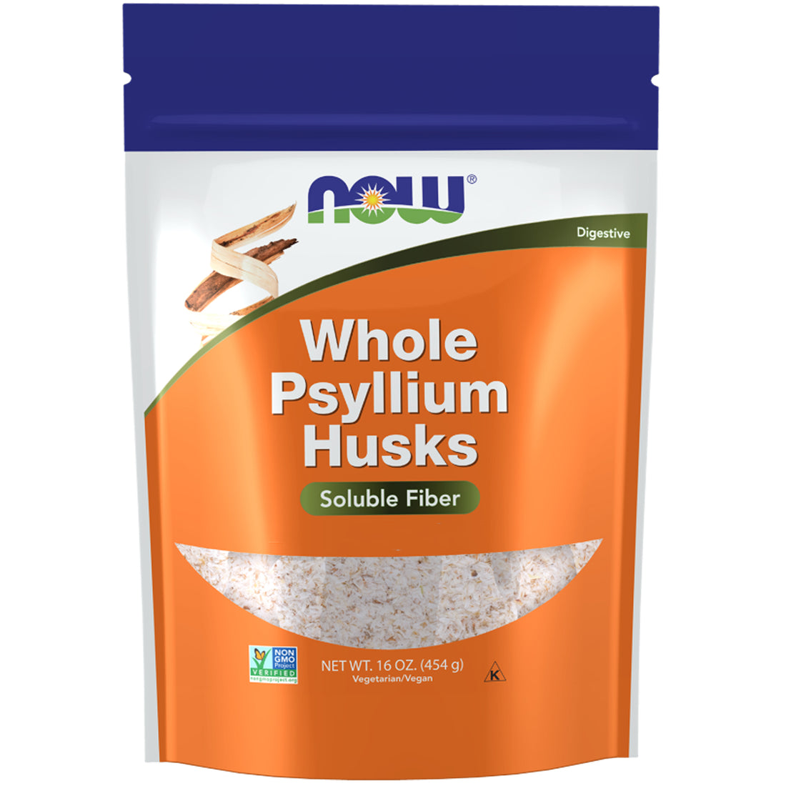 NOW Foods Whole Psyllium Husks 454 g resealable bag, front of pack