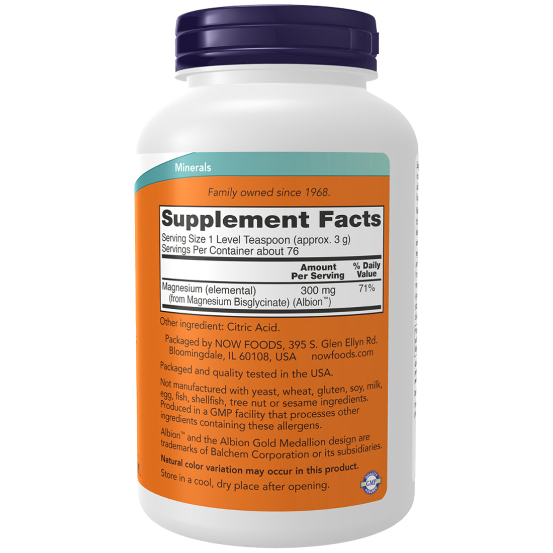 Supplement facts label for NOW Magnesium Bisglycinate Powder showing 300mg magnesium per teaspoon serving