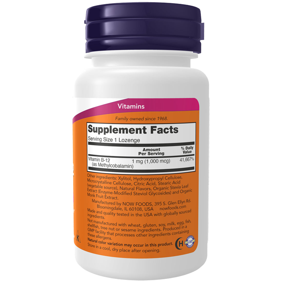 NOW Methyl B-12 supplement facts: 1,000mcg vitamin B12 as methylcobalamin per lozenge, 100 servings