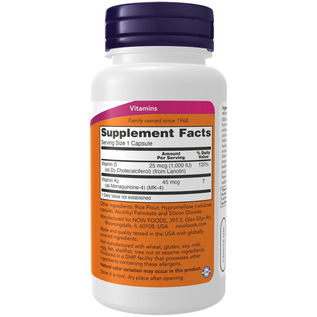 NOW Vitamin D3 & K2 1,000 IU 120 vegetarian capsules food supplement Ireland right