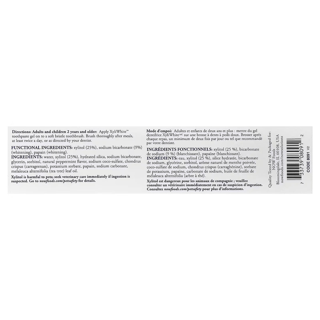Back of NOW XyliWhite Platinum Mint toothpaste tube showing full ingredients list including 25% xylitol and directions for use