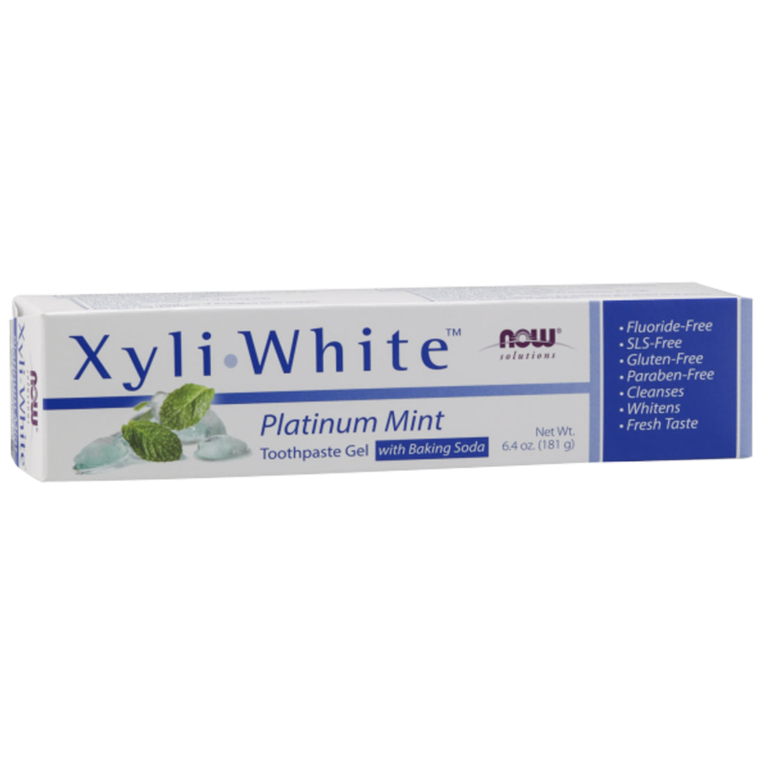NOW XyliWhite Platinum Mint toothpaste gel outer box, fluoride-free, SLS-free, vegan formula
