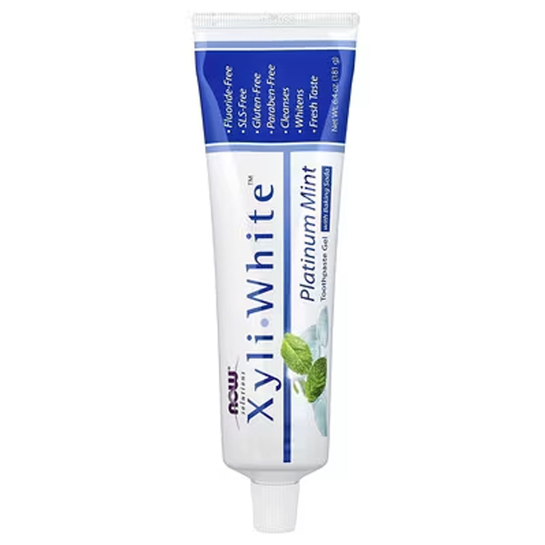 NOW Solutions XyliWhite Platinum Mint fluoride-free toothpaste gel with baking soda, 181g tube, front of pack