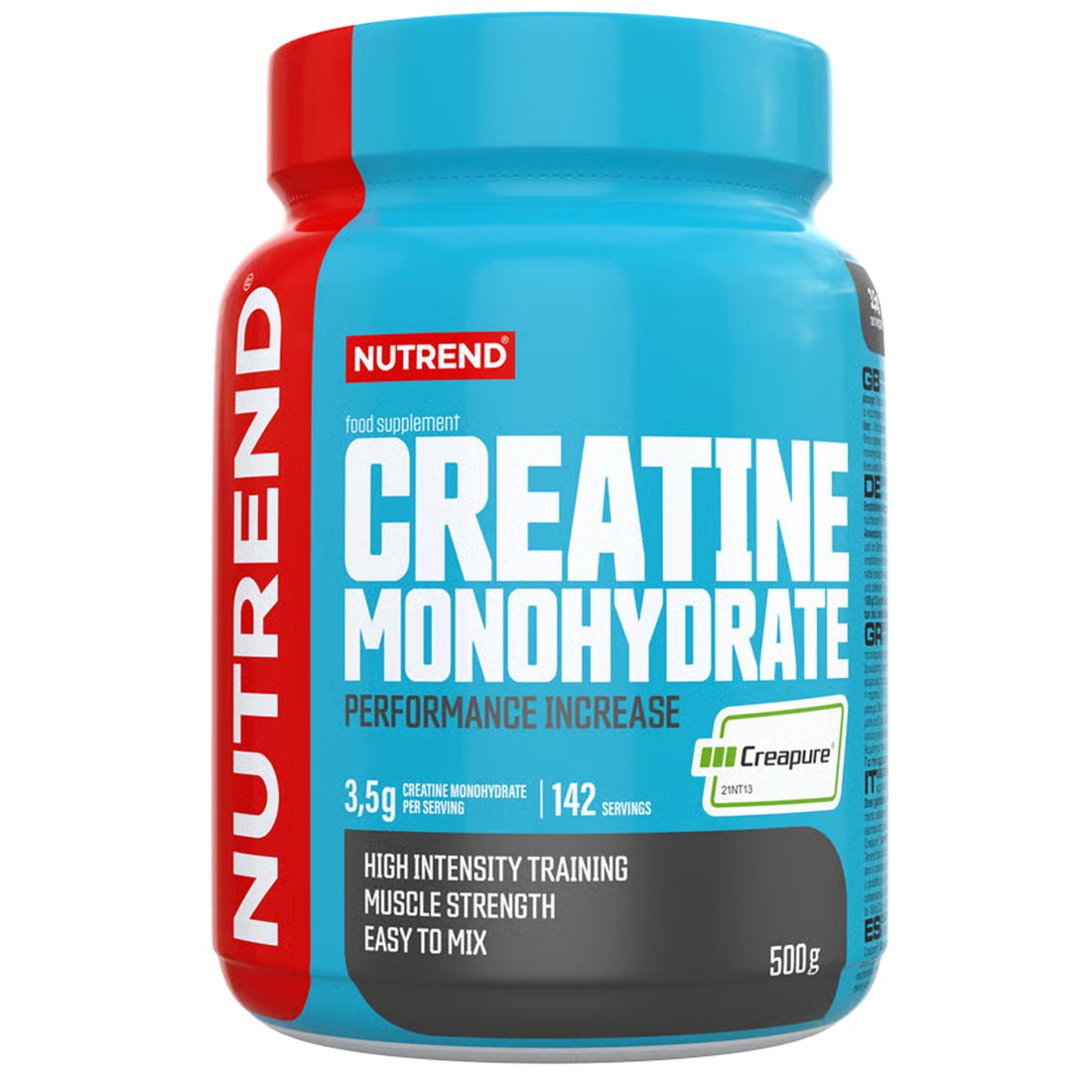 Nutrend Creatine Monohydrate Creapure 500g tub, unflavoured powder, 3.5g creatine monohydrate per serving, 142 servings