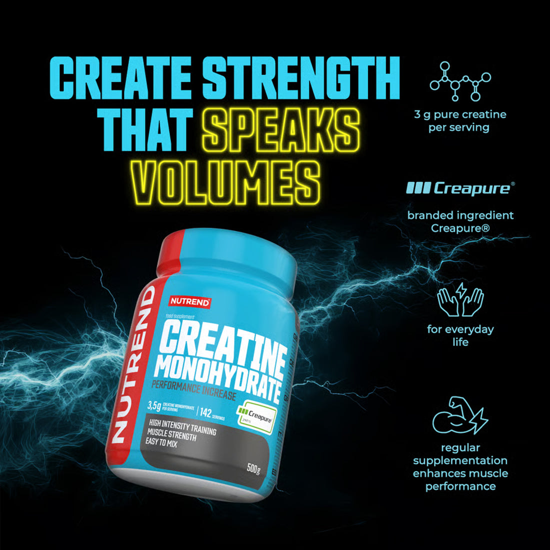 A Nutrend Creatine Monohydrate supplement bottle on a black background with electric blue lightning effects and marketing text. The bottle is light blue with a red side panel and white/yellow label text.