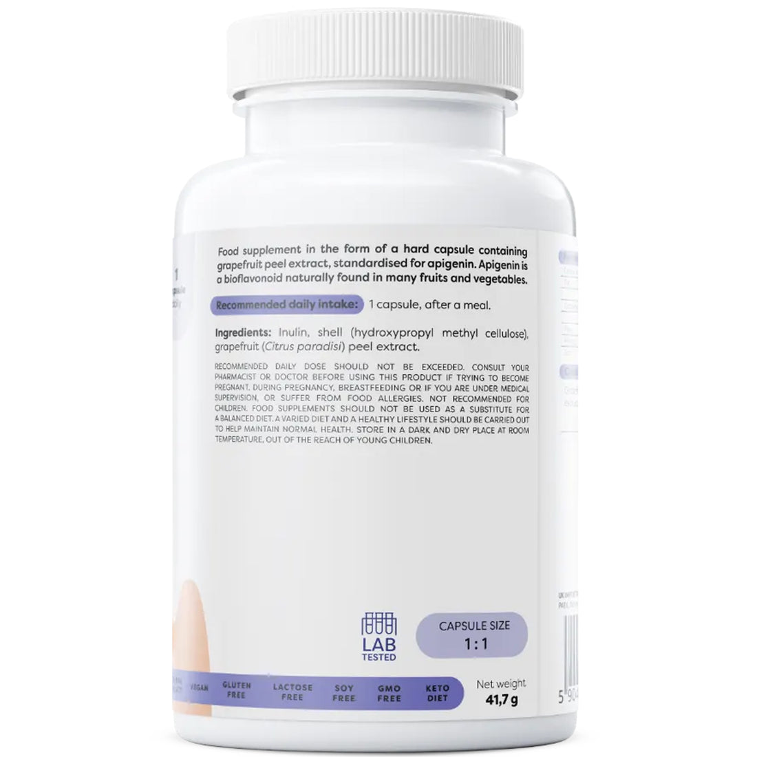 Osavi Apigenin 50mg supplement facts panel showing grapefruit peel extract 45:1, standardised to min. 90% apigenin, 50mg per capsule