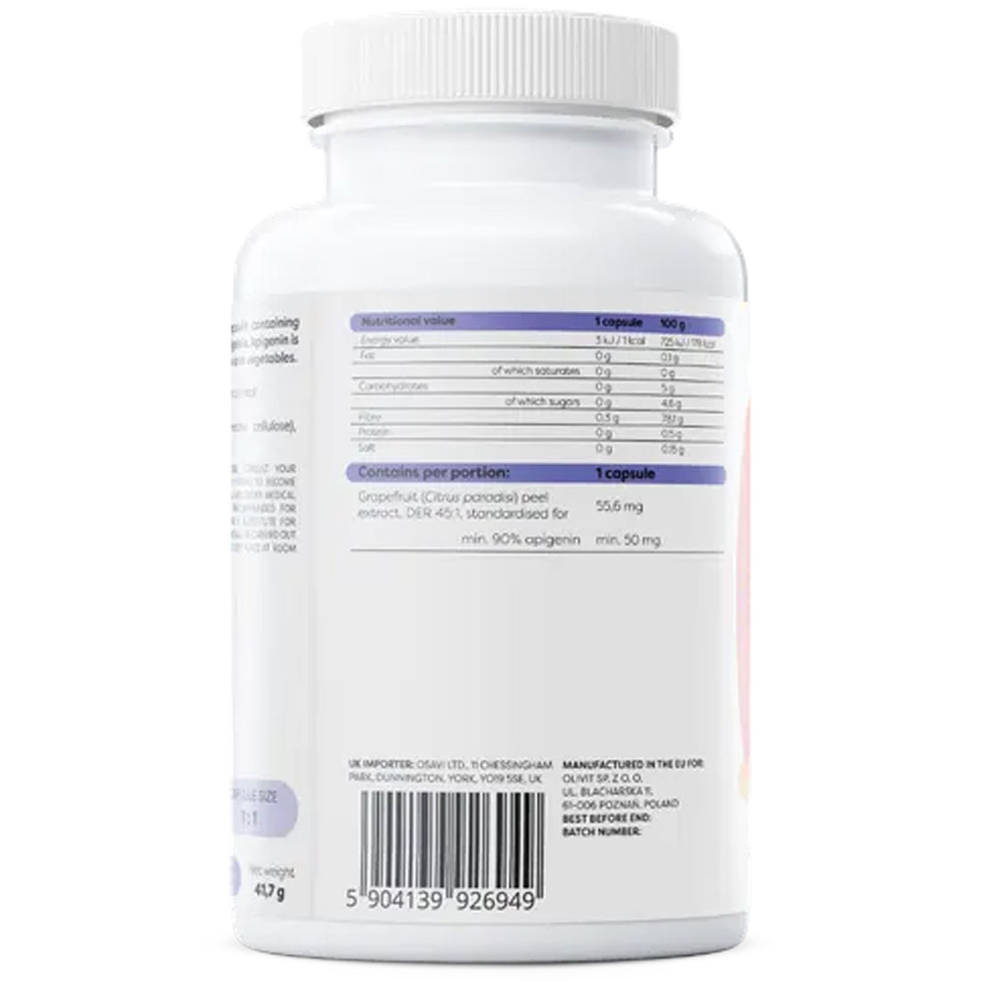 Osavi Apigenin 50mg supplement facts panel showing supplement Facts