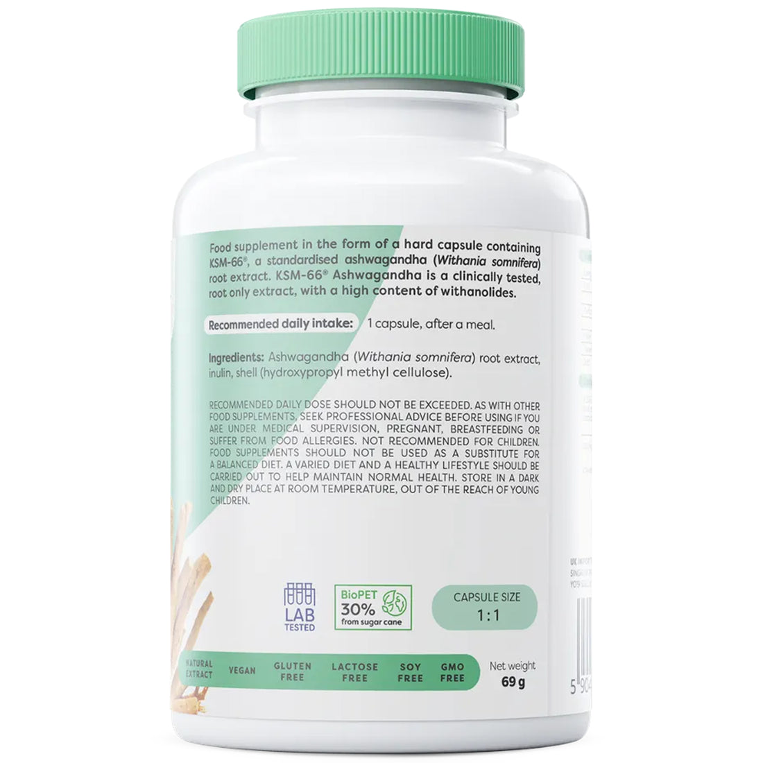 Osavi Ashwagandha KSM-66 200mg, back of bottle, ingredients and directions
