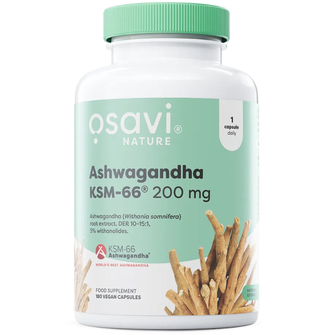 Osavi Ashwagandha KSM-66 200mg, 180 vegan capsules, front of bottle