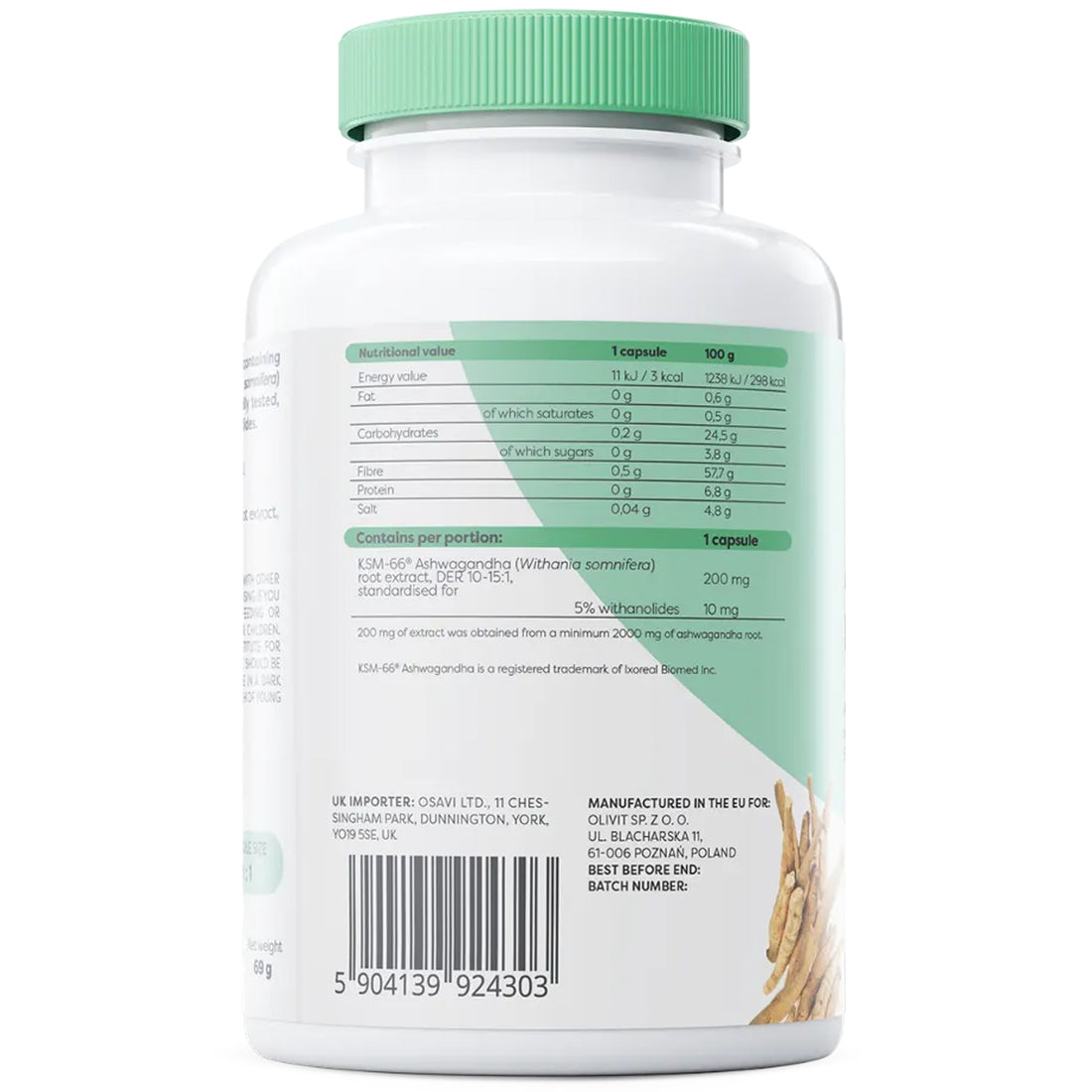 Osavi Ashwagandha KSM-66 supplement facts: 200mg root extract, 10mg withanolides per capsule