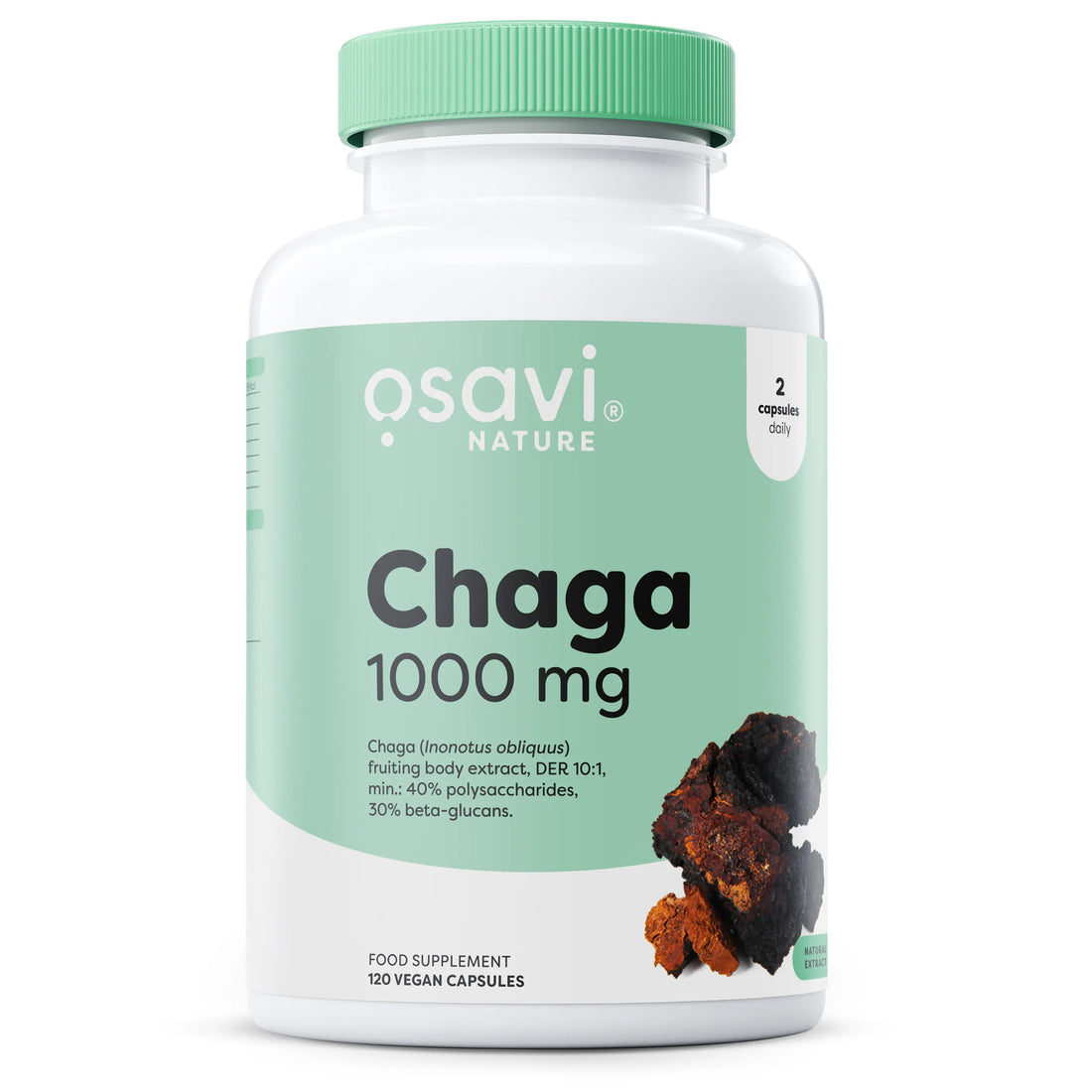 Osavi Chaga 1000mg food supplement, 120 vegan capsules, front of bottle