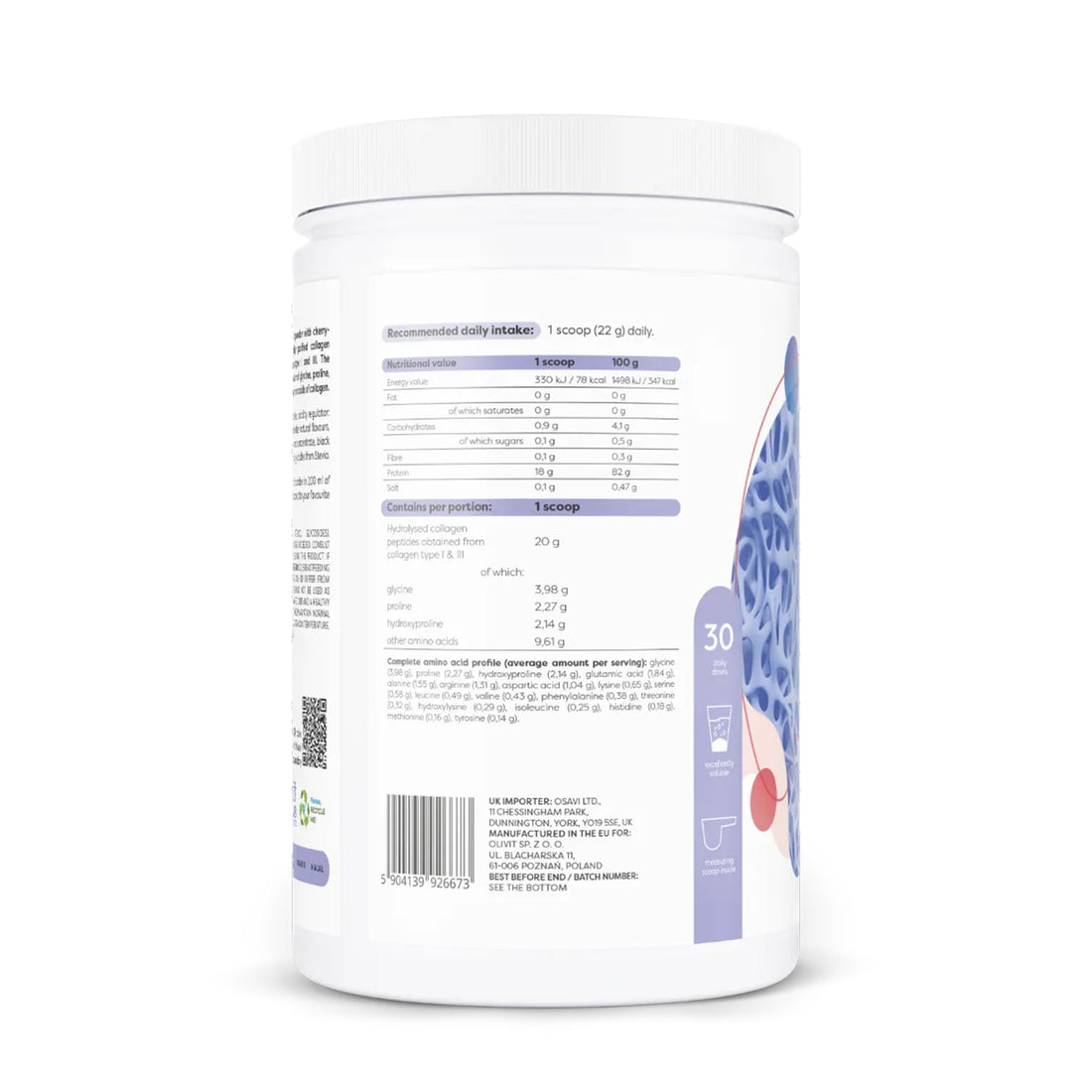 Osavi Hydrolysed Collagen Type I and III Cherry and Strawberry 660g powder Ireland right side