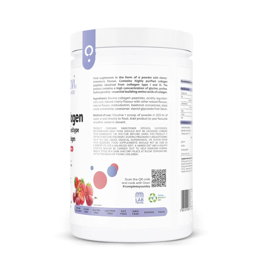 Osavi Hydrolysed Collagen Type I and III Cherry and Strawberry 660g powder Ireland left side