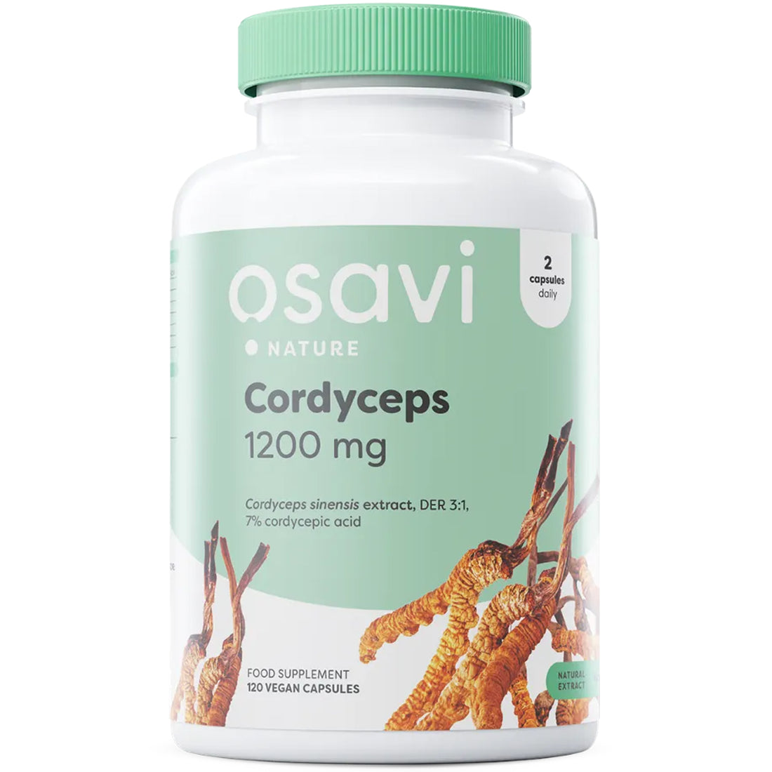 Osavi Cordyceps 1200 mg, 120 vegan capsules, front of bottle showing Cordyceps sinensis extract DER 3:1 and 7% cordycepic acid
