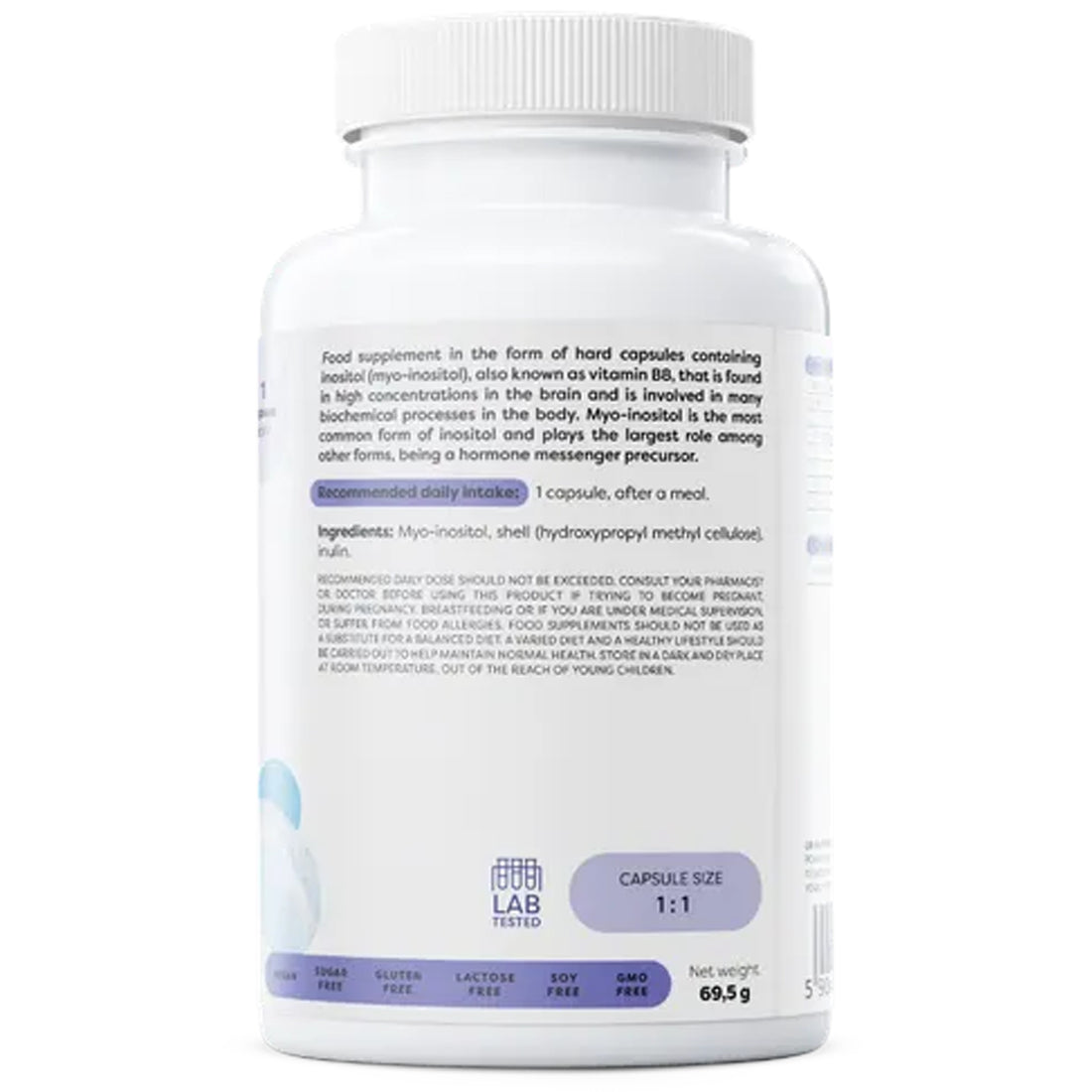 Osavi Inositol 600mg back label showing ingredients myo-inositol, HPMC capsule shell and inulin, and directions of one capsule daily after a meal