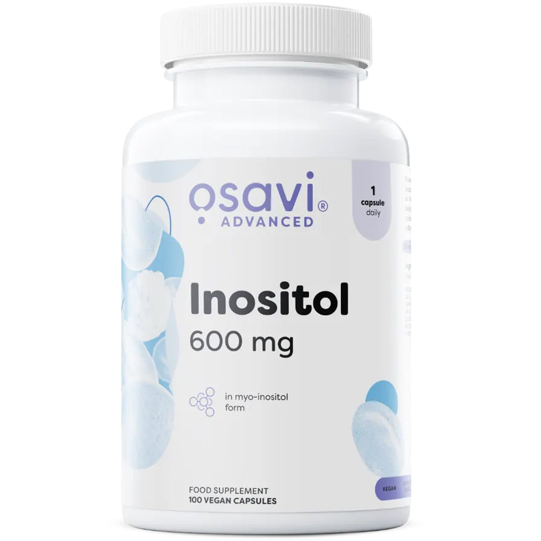 Osavi Inositol 600mg front of bottle, myo-inositol form, 100 vegan capsules, food supplement, one capsule daily