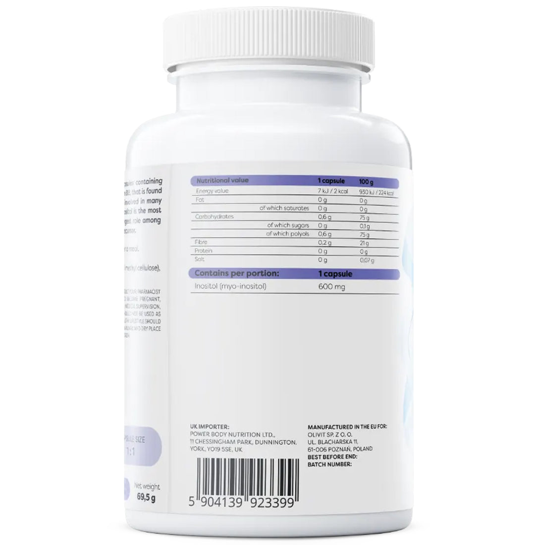 Osavi Inositol 600mg nutrition panel, 600mg myo-inositol per capsule, 7kJ 2kcal, 0.6g polyols, 0.2g fibre