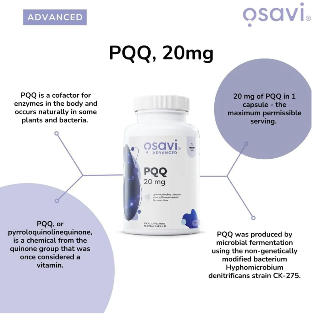 Osavi PQQ 20mg 60 vegan capsules front label Ireland - Information chart 